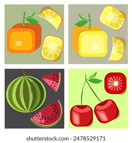 Vector illustration of fruits. Bright watermelon. Juicy cherry. Fresh lemon. Sweet orange. Healthy food. Drawing dessert.