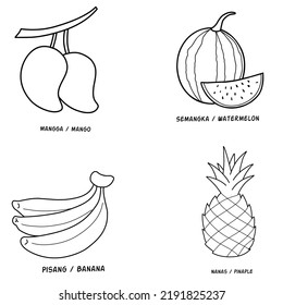 Vector illustration of fruits coloring page with the name of each fruit