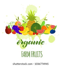 Vector illustration of fruits composition and hand lettering Organic Farm Fruits on watercolor background