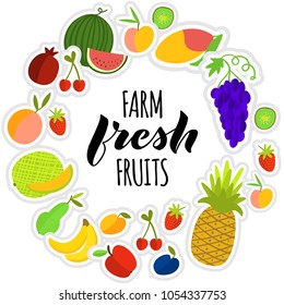 Vector illustration of fruits composition with hand lettering Farm Fresh Fruits for print, poster, logo design