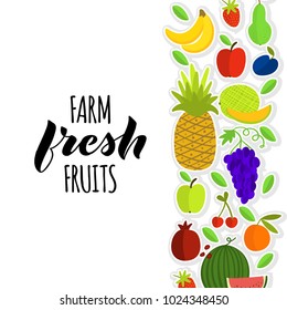 Vector illustration of fruits composition with lettering Farm Fresh Fruits and right side banner for advertising, poster, banner, tag