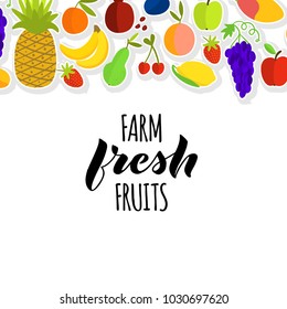 Vector illustration of fruits composition with lettering Farm Fresh Fruits and top part banner for advertising, poster, banner, tag, label or any other fruit design project
