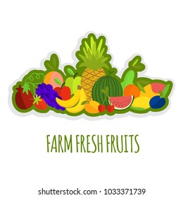 Vector illustration of fruits composition with text Farm fresh fruits for banner, poster, print or other fruit shop design