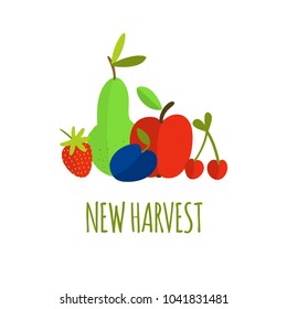 Vector illustration of fruits composition with text New Harvest for harvest farm festival decoration, card, poster, print, banner