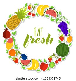 Vector illustration of fruits composition in wreath with text Eat Fresh for print, poster, advertising