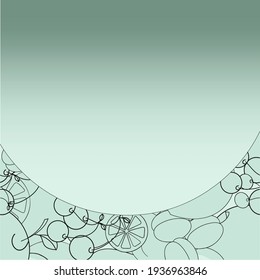 A vector illustration of fruits concentrated in the bottom part of the image on green gradient background. A design element for prints, backgrounds for adults and kids.