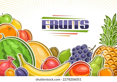 Vector illustration of Fruits with copy space, decorative horizontal poster with illustration of group different colorful fruits with unique brush lettering for text fruits on white background