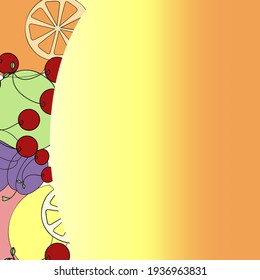 A vector illustration of fruits cut out on the left part of the image on orange and yellow gradient background. A design element for prints, backgrounds for adults and kids.