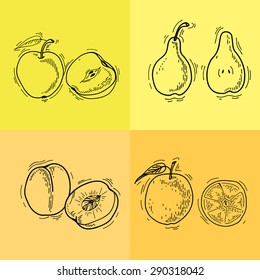  Vector illustration. Fruits. Vector fruits at engraving style. Hand drawn illustrations of fruits. Fruit in sketch style. Vector apple, peach, orange, pear