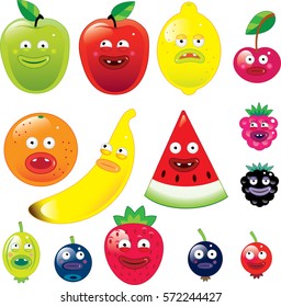 Vector illustration of Fruits with funny faces isolated on white