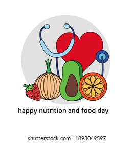 vector illustration of fruits, heart and health checker.  to commemorate world nutrition and food day.