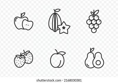 Vector Illustration Of Fruits Icon (Grape, Apple, Avocado, Strawberry, Apricot, Starfruit) In Dark Color And Transparent Background(PNG).