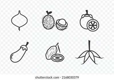 Vector illustration of fruits icon (Mangosteen, Rambutan, Eggplant , Date palm, Cassava, Yam Bean) in dark color and transparent background(PNG).