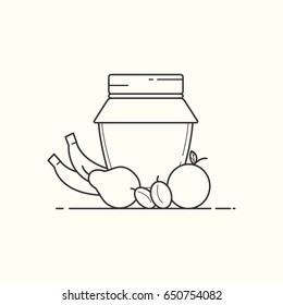Vector illustration. Fruits and jar of jam. Line art