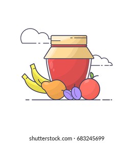 Vector illustration. Fruits and jar of jam. Color line art