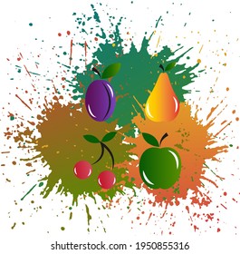 Ilustración vectorial de frutos sobre un fondo de manchas acuáticas. Ilustración para sitios y tiendas de comida saludable. Adecuado para folletos, carteles, etiquetas, tapas de productos veganos. EPS 10