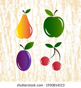 Vector illustration of fruits on a light background. Pear, apple, plum, cherry. Tree bark texture in the background. Suitable for labels, banners, flyers, health food stores, bio products. EPS 10
