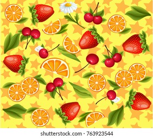 A vector illustration of fruits orange strawberry cherry