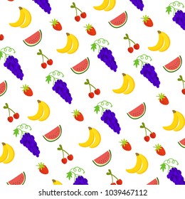 Vector illustration of fruits pattern including watermelon, babanas, grapes, cherries and srawberries for background decoration