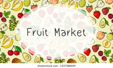 Vector Illustration of fruits pattern sketch style. Fruit market template.