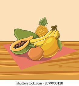 Vector illustration of fruits (pineapple, papaya, banana, orange and mango). Perfect for posters, banners, children's books etc.