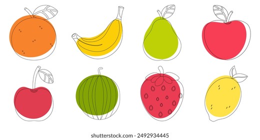 Vector illustration of fruits in simple doodle style. Graphic element isolated on white background. Food vector illustration. Orange, apples, pear, cherry, watermelon, strawberry, lemon, banana.