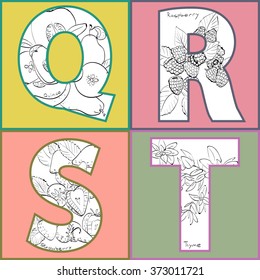 Vector illustration of fruits and spices inside of letters. Letters Q, R, S, T - quince, raspberry, strawberry, thyme. Hand drawing. Good for textile printing, food industry and for educational goals.