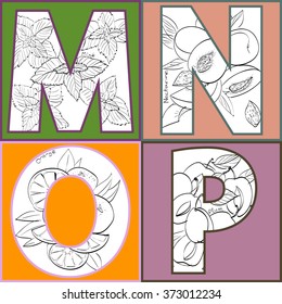 Vector illustration of fruits and spices inside of letters . M, N, O, P - mint, nectarine, orange, plum. Limited colors graphic. Good for textile printing, food industry and for educational goals.