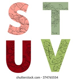 Vector illustration of  fruits and spices inside of letters.S, T, U, V - strawberry, thyme, ugni, vine leaf. Hand drawing. Good for textile printing, food industry and for educational goals.