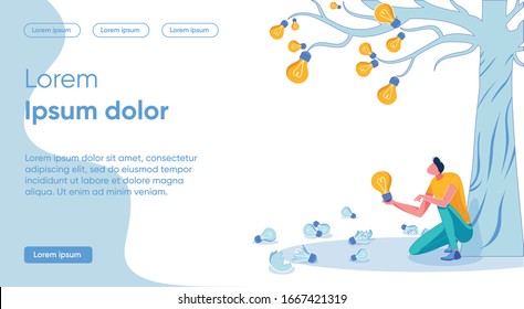 Vector Illustration Fruits Successful Idea Concept. Guy in Casual Clothes Sits under Tree and Looks up at Glowing Bulbs that Grow Instead Fruits. Man Holds Light Bulb in his Hands.