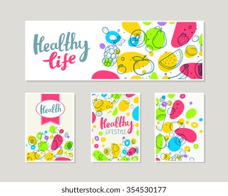 Vector illustration of fruits with text on light background with spots. Hand draw line art bright design modern style template collection for poster, flyer, brochure, print, advertisement. 