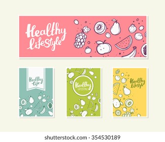 Vector illustration of fruits with text on light background. Hand draw line art colorful design modern style template collection for poster, flyer, brochure, print, promo. 