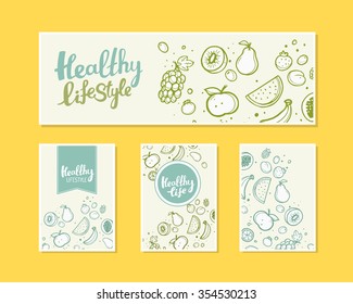 Vector illustration of fruits with text on light background. Hand draw line art colorful design modern style template collection for poster, flyer, brochure, print, promotion. 