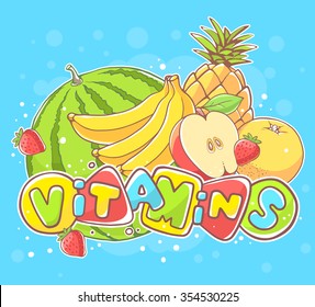 Vector illustration of fruits with text on blue background. Hand draw line art design for poster, flyer, brochure, web, site, board, print and advertising. 