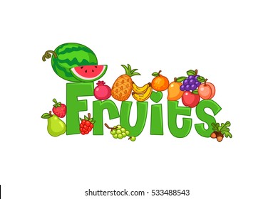 Vector illustration of 'fruits' text surrounded by fruits