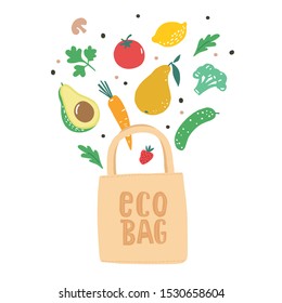 Vector illustration of fruits and vegetables in a bag. Healthy food.