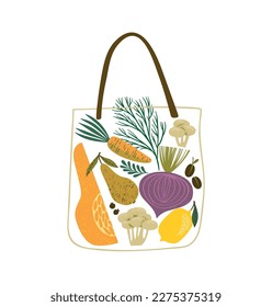 Vector illustration of fruits and vegetables in a bag. Healthy food. Isolated design