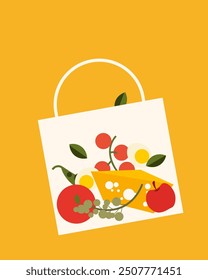 Vector illustration. Fruits and vegetables in a bag, supermarket, store, market, diet, shopping. Banner, poster, postcard, cover. Modern design.