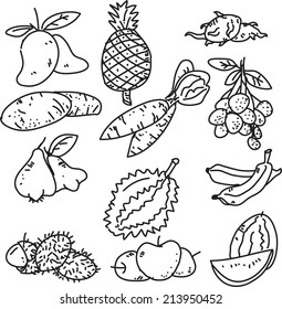 vector illustration of fruits and vegetables collection in black and white ,fruits thai 