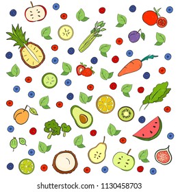 Vector illustration, fruits and vegetables colorful design set on white background. Ingredients for cocktails or fresh juices, salads, cafe menu, summer food banner, decoration, stickers. Hand drawing