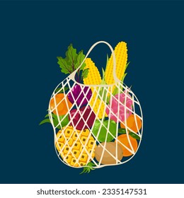 Vector illustration of fruits and vegetables in colorful shopping baskets blue background.