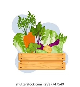 Vector illustration of fruits and vegetables in farm wooden crates on a bright color background.
