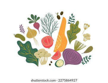 Vector illustration of fruits and vegetables. Healthy food. Isolated element design