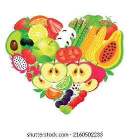 Vector illustration of fruits and vegetables heart isolated on white