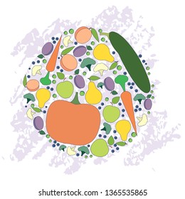 Vector illustration of fruits and vegetables for label, sticker, food label, logotype, organic baby food. Label for juice, puree, organic baby food, infant food, posters, label for fruit shop (Ai)