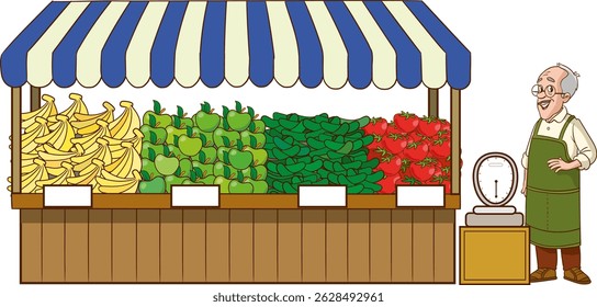 vector illustration of fruits and vegetables on a greengrocer's stall