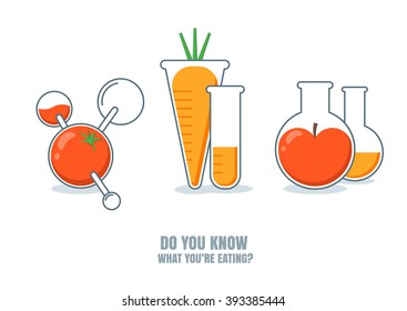 Vector Illustration Of Fruits, Vegetables With Pesticides Or Chemicals. Do You Know What You're Eating. Carrot, Tomato, Apple Icons. Unhealthy Or Gmo Food Concept. Farming And Agriculture Technologies