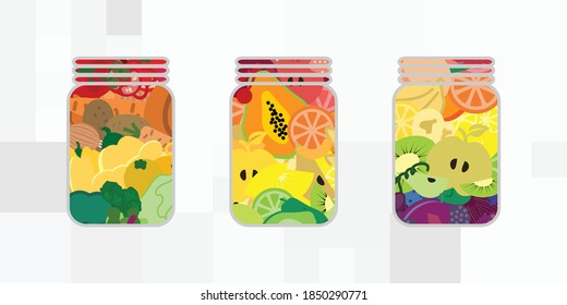 vector illustration of fruits and vegetables pickled in jars for food conservation