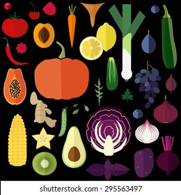 Vector illustration of fruits and vegetables in rainbow colors scattered on black background.