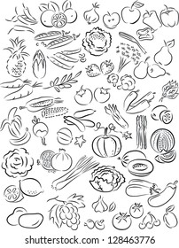 vector illustration of fruits and vegetables set in line art mode